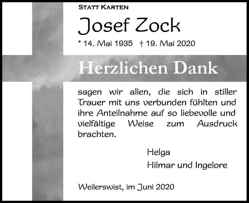  Traueranzeige für Josef Zock vom 20.06.2020 aus  Blickpunkt Euskirchen 