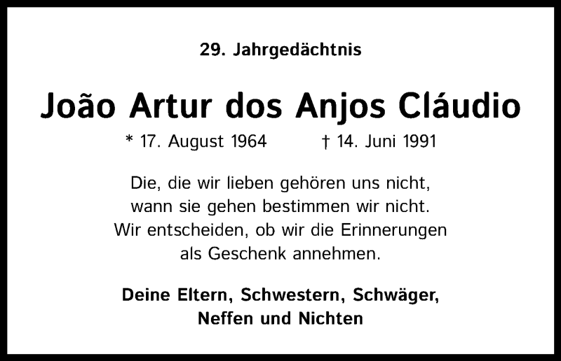  Traueranzeige für Joäo Artur dos Anjos Cläudio vom 13.06.2020 aus Kölner Stadt-Anzeiger / Kölnische Rundschau / Express