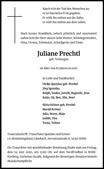Anzeige von Juliane Prechtl von Kölner Stadt-Anzeiger / Kölnische Rundschau / Express