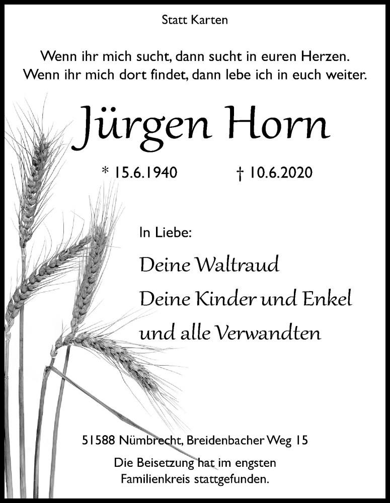  Traueranzeige für Jürgen Horn vom 20.06.2020 aus Kölner Stadt-Anzeiger / Kölnische Rundschau / Express