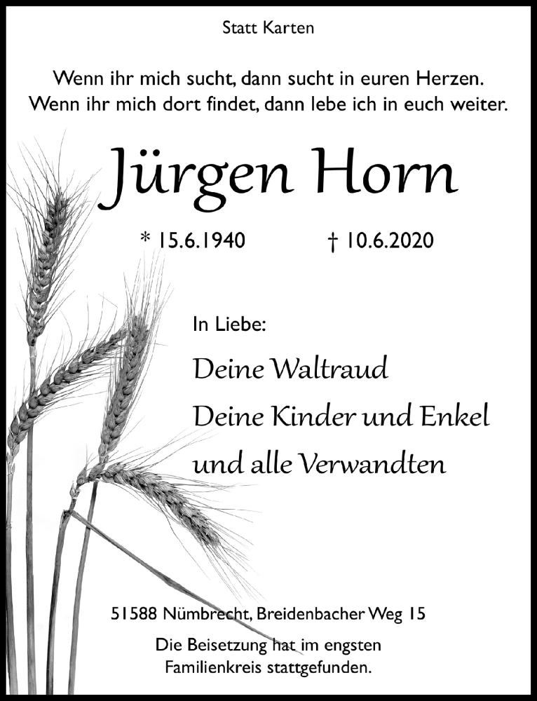  Traueranzeige für Jürgen Horn vom 19.06.2020 aus  Lokalanzeiger 