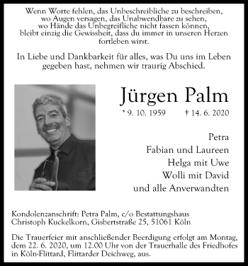 Anzeige von Jürgen Palm von Kölner Stadt-Anzeiger / Kölnische Rundschau / Express