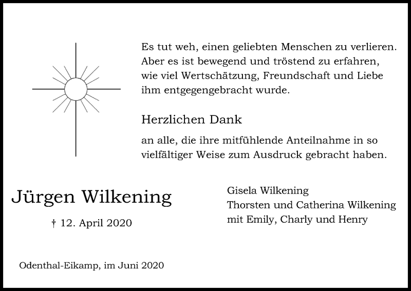  Traueranzeige für Jürgen Wilkening vom 20.06.2020 aus Kölner Stadt-Anzeiger / Kölnische Rundschau / Express