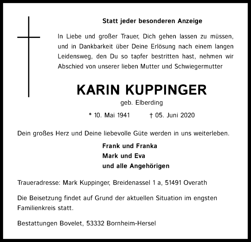  Traueranzeige für Karin Kuppinger vom 20.06.2020 aus Kölner Stadt-Anzeiger / Kölnische Rundschau / Express
