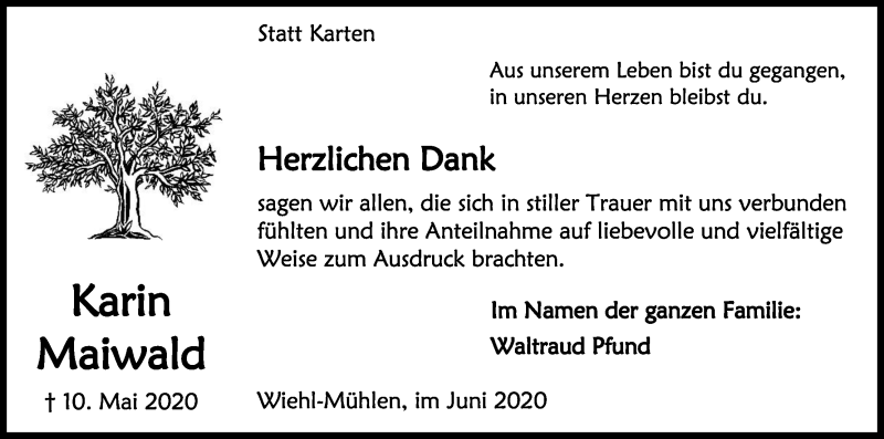  Traueranzeige für Karin Maiwald vom 20.06.2020 aus Kölner Stadt-Anzeiger / Kölnische Rundschau / Express