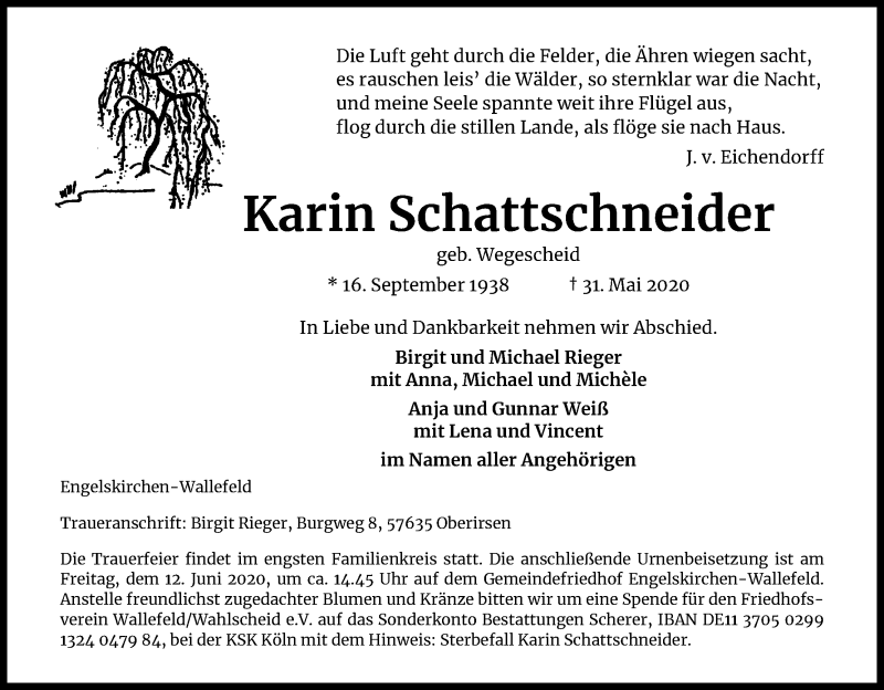  Traueranzeige für Karin Schattschneider vom 06.06.2020 aus Kölner Stadt-Anzeiger / Kölnische Rundschau / Express
