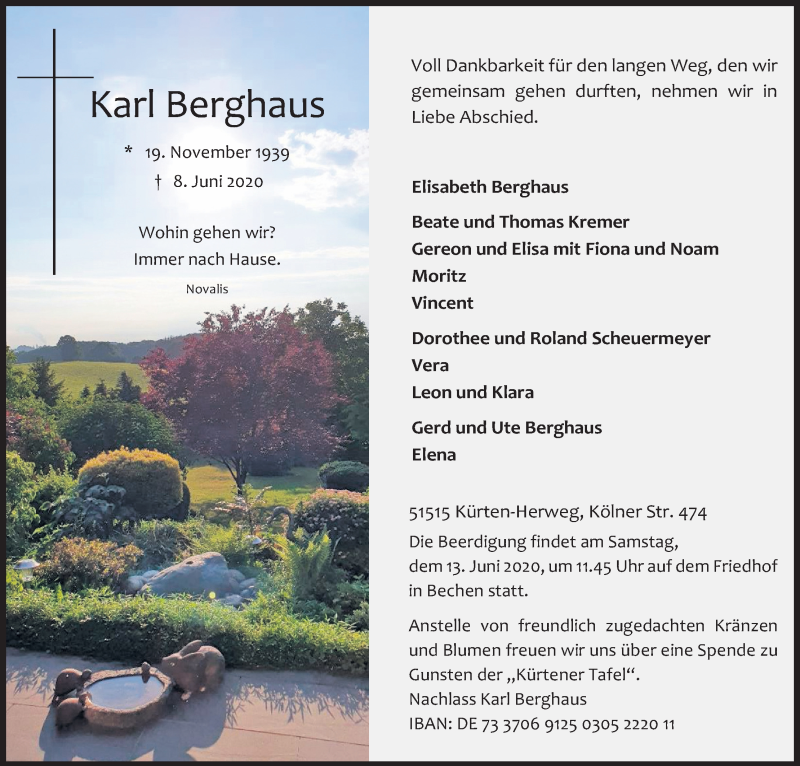  Traueranzeige für Karl Berghaus vom 10.06.2020 aus Kölner Stadt-Anzeiger / Kölnische Rundschau / Express