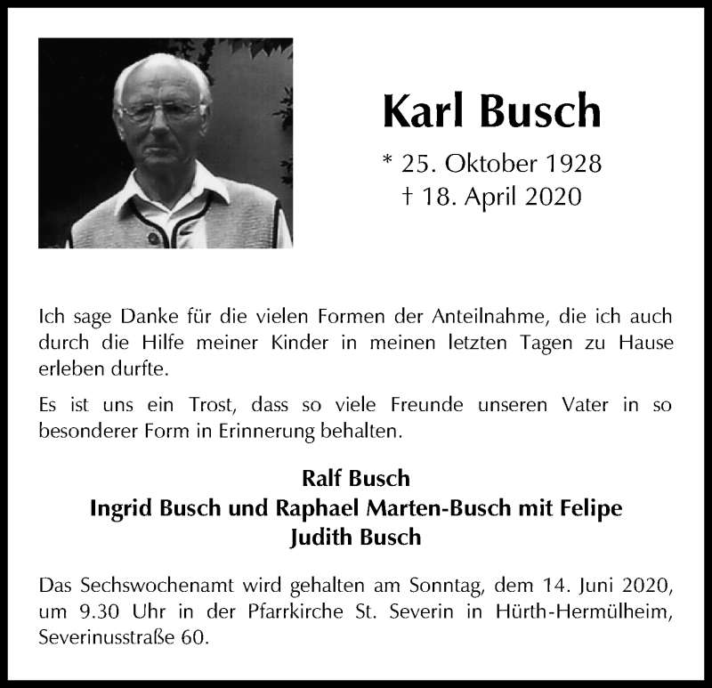  Traueranzeige für Karl Busch vom 06.06.2020 aus Kölner Stadt-Anzeiger / Kölnische Rundschau / Express