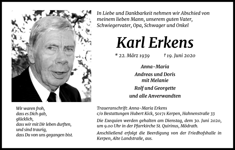  Traueranzeige für Karl Erkens vom 27.06.2020 aus Kölner Stadt-Anzeiger / Kölnische Rundschau / Express