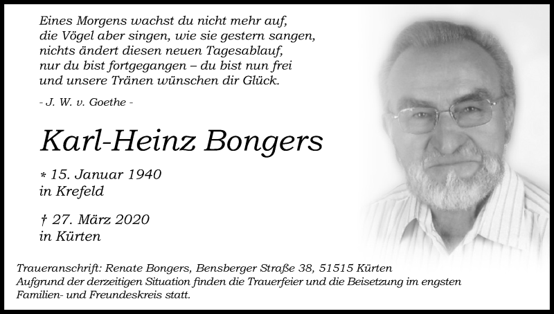  Traueranzeige für Karl-Heinz Bongers vom 03.06.2020 aus Kölner Stadt-Anzeiger / Kölnische Rundschau / Express