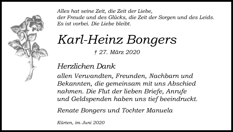  Traueranzeige für Karl-Heinz Bongers vom 27.06.2020 aus Kölner Stadt-Anzeiger / Kölnische Rundschau / Express