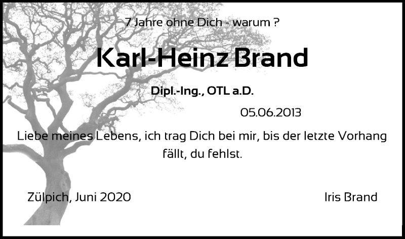  Traueranzeige für Karl-Heinz Brand vom 05.06.2020 aus Kölner Stadt-Anzeiger / Kölnische Rundschau / Express