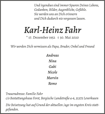 Anzeige von Karl-Heinz Fahr von  Lokale Informationen 