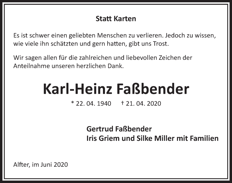  Traueranzeige für Karl-Heinz Faßbender vom 12.06.2020 aus  Schaufenster/Blickpunkt 