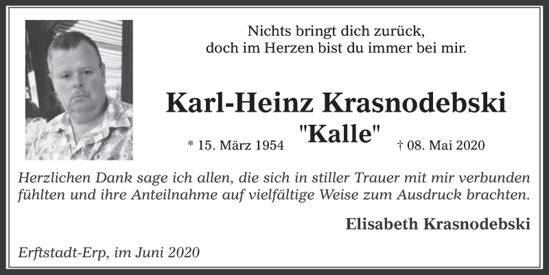  Traueranzeige für Karl-Heinz Krasnodebski vom 19.06.2020 aus  Werbepost 