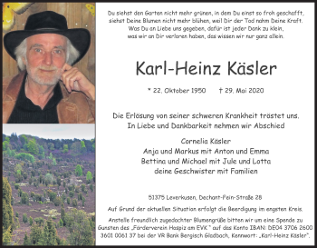 Anzeige von Karl-Heinz Käsler von Kölner Stadt-Anzeiger / Kölnische Rundschau / Express