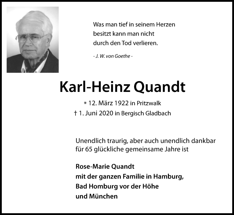  Traueranzeige für Karl-Heinz Quandt vom 08.06.2020 aus Kölner Stadt-Anzeiger / Kölnische Rundschau / Express