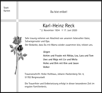 Anzeige von Karl-Heinz Reck von Kölner Stadt-Anzeiger / Kölnische Rundschau / Express
