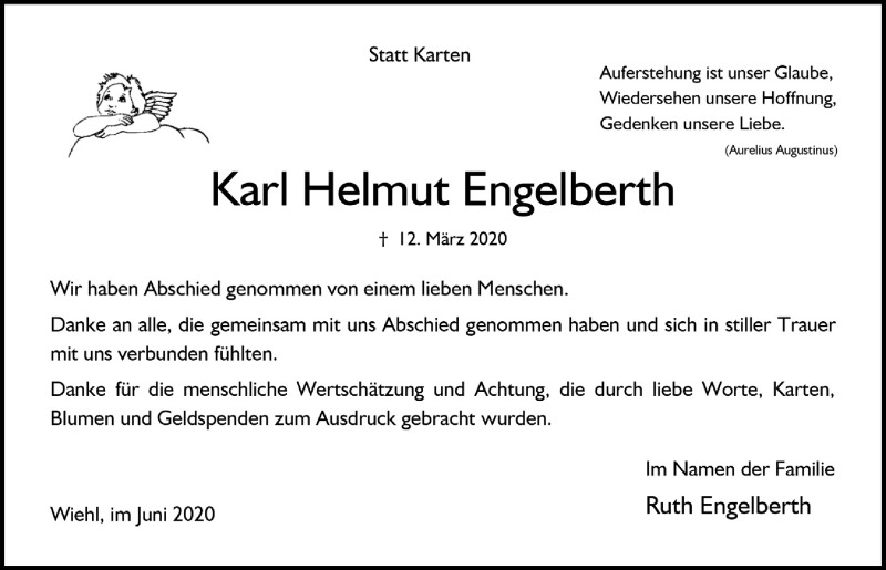  Traueranzeige für Karl Helmut Engelberth vom 12.06.2020 aus  Anzeigen Echo  Lokalanzeiger 