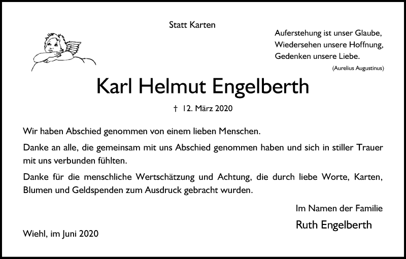  Traueranzeige für Karl Helmut Engelberth vom 13.06.2020 aus Kölner Stadt-Anzeiger / Kölnische Rundschau / Express