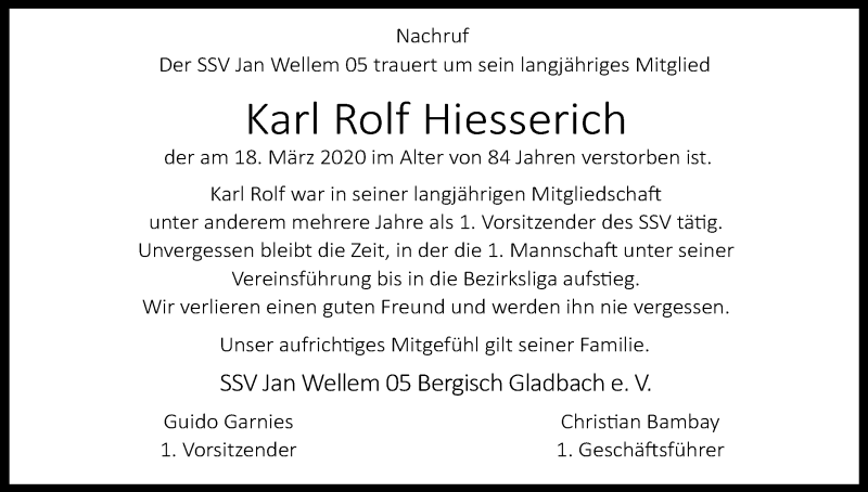  Traueranzeige für Karl Rolf Hiesserich vom 17.06.2020 aus Kölner Stadt-Anzeiger / Kölnische Rundschau / Express