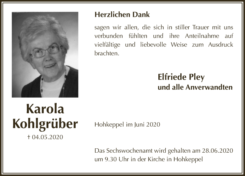  Traueranzeige für Karola Kohlgrüber vom 19.06.2020 aus  Bergisches Handelsblatt  Anzeigen Echo 