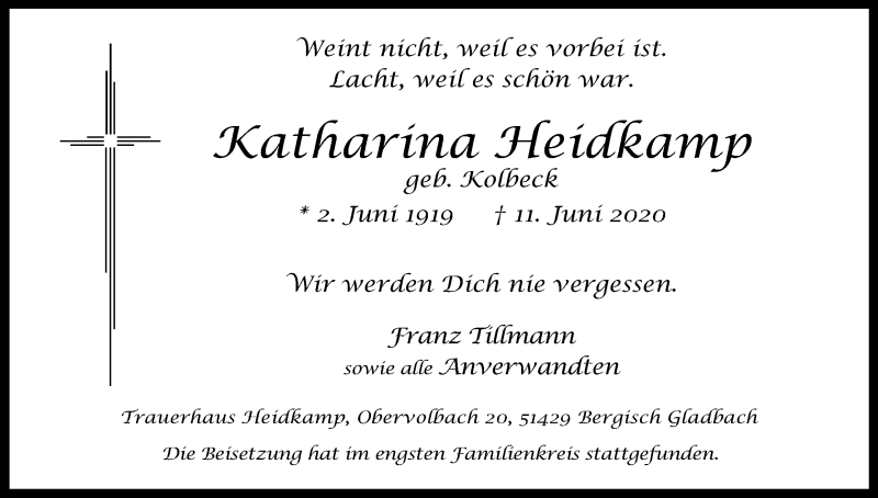  Traueranzeige für Katharina Heidkamp vom 27.06.2020 aus Kölner Stadt-Anzeiger / Kölnische Rundschau / Express