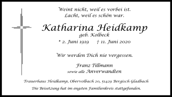 Anzeige von Katharina Heidkamp von Kölner Stadt-Anzeiger / Kölnische Rundschau / Express