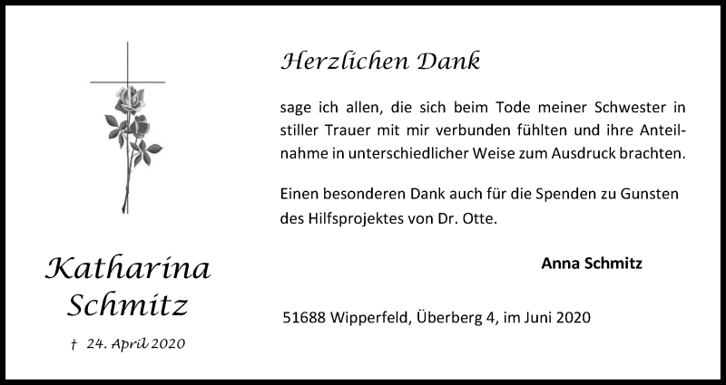  Traueranzeige für Katharina Schmitz vom 20.06.2020 aus Kölner Stadt-Anzeiger / Kölnische Rundschau / Express
