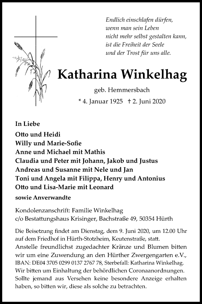  Traueranzeige für Katharina Winkelhag vom 06.06.2020 aus Kölner Stadt-Anzeiger / Kölnische Rundschau / Express
