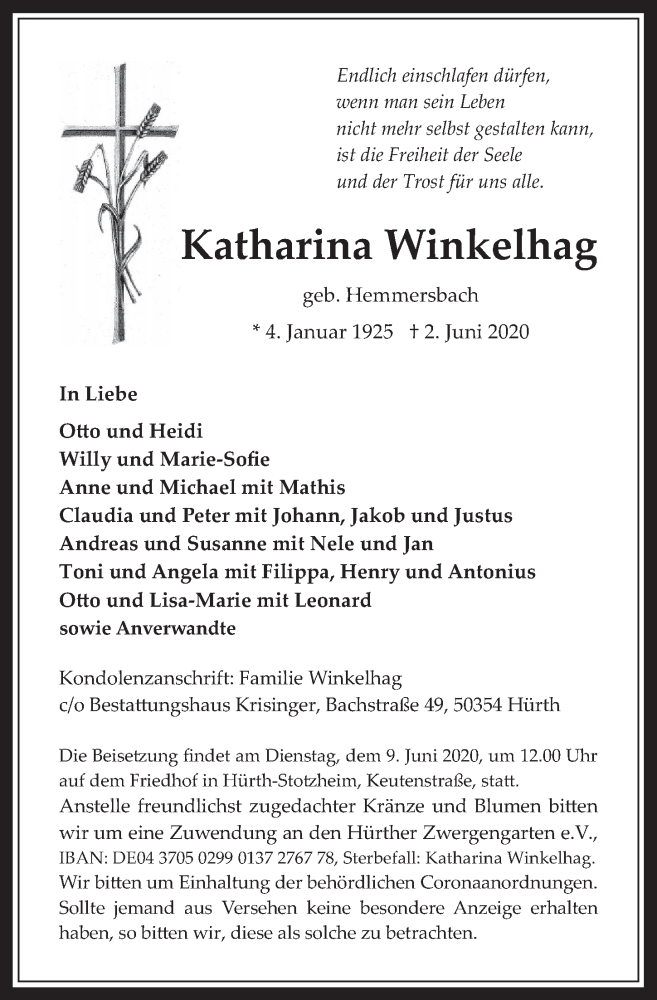  Traueranzeige für Katharina Winkelhag vom 05.06.2020 aus  Wochenende 