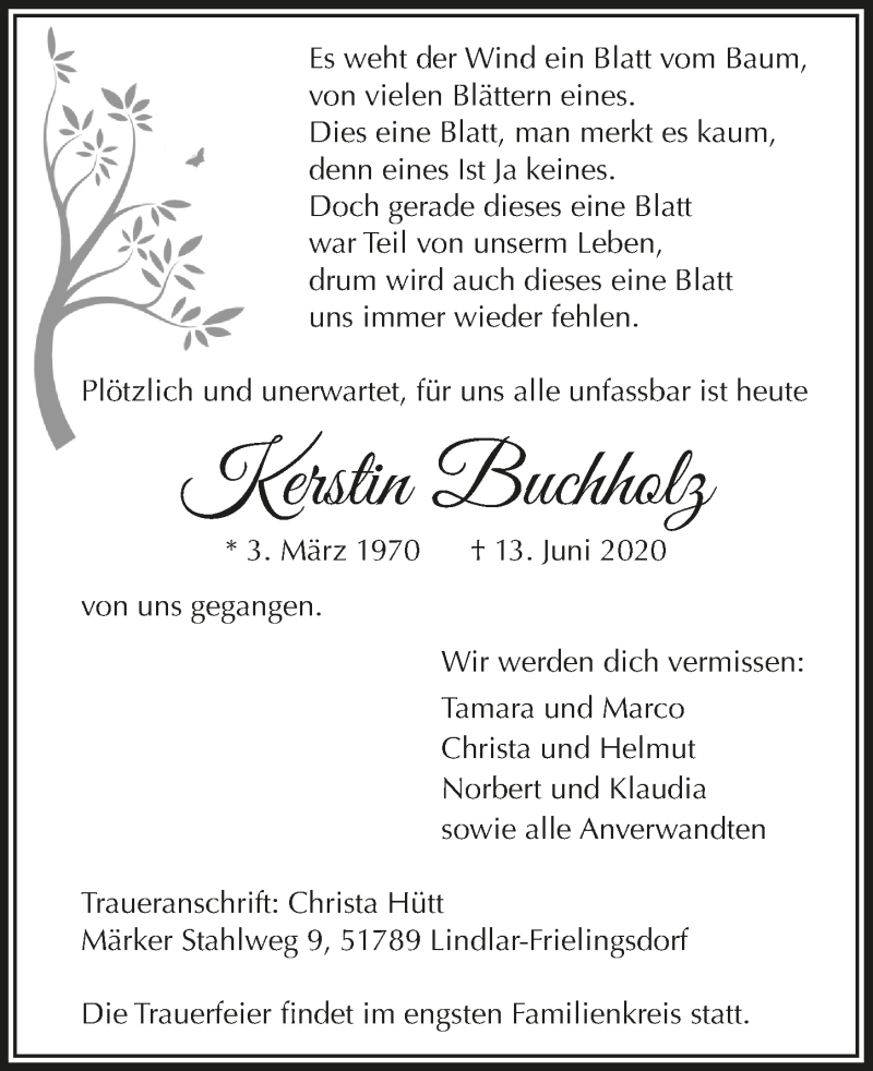  Traueranzeige für Kerstin Buchholz vom 19.06.2020 aus  Anzeigen Echo 