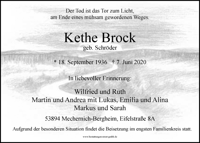  Traueranzeige für Kethe Brock vom 13.06.2020 aus  Blickpunkt Euskirchen 
