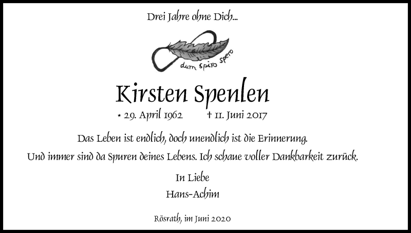  Traueranzeige für Kirsten Spenlen vom 11.06.2020 aus Kölner Stadt-Anzeiger / Kölnische Rundschau / Express