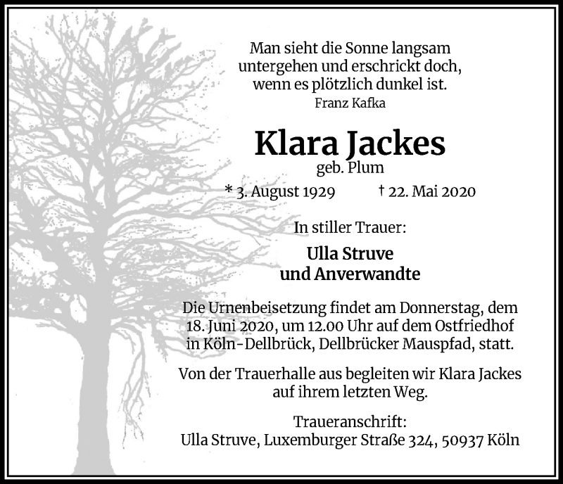  Traueranzeige für Klara Jackes vom 13.06.2020 aus Kölner Stadt-Anzeiger / Kölnische Rundschau / Express