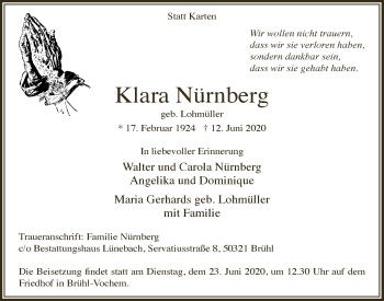 Anzeige von Klara Nürnberg von  Schlossbote/Werbekurier 
