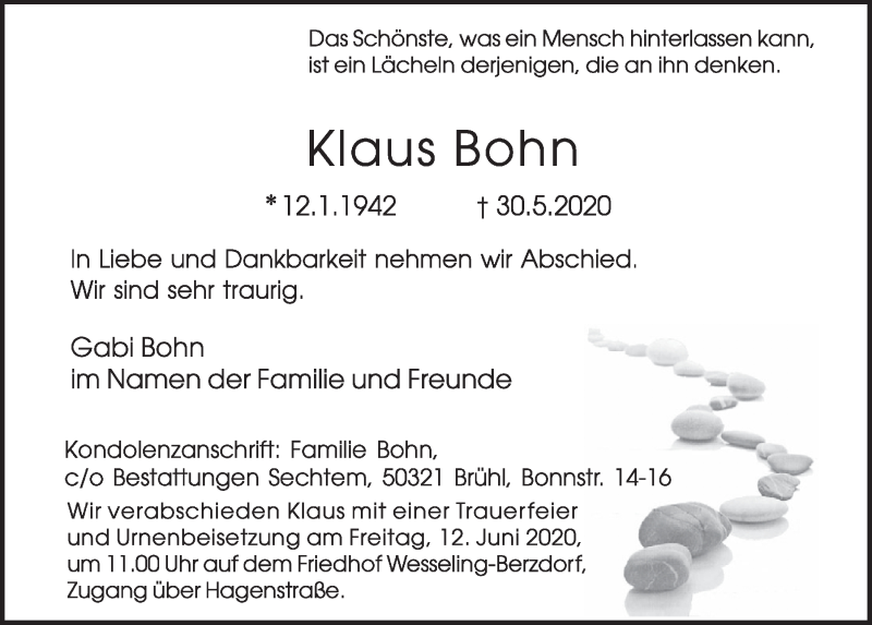  Traueranzeige für Klaus Bohn vom 05.06.2020 aus  Schlossbote/Werbekurier 