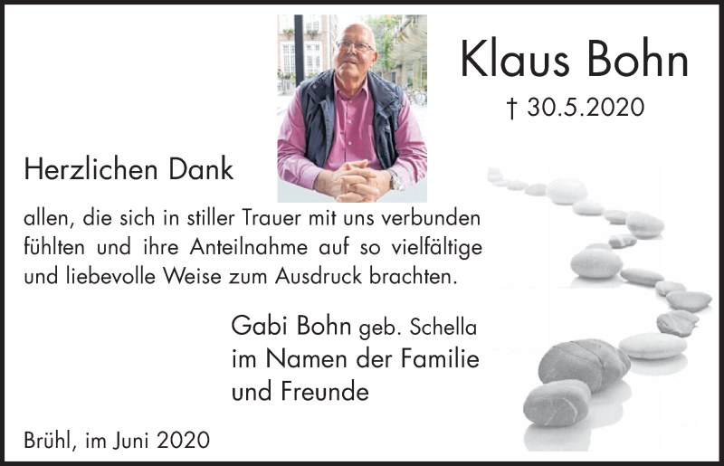  Traueranzeige für Klaus Bohn vom 26.06.2020 aus  Schlossbote/Werbekurier 