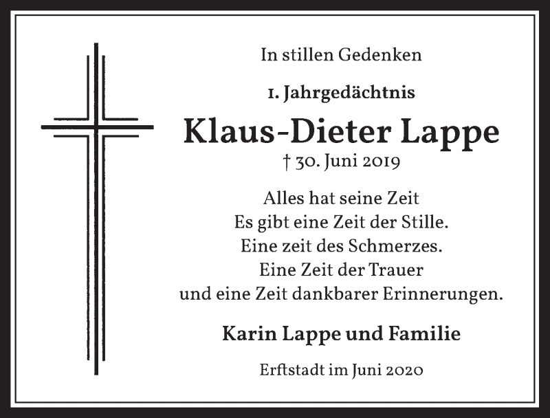  Traueranzeige für Klaus-Dieter Lappe vom 26.06.2020 aus  Werbepost 