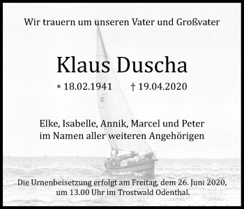 Anzeige von Klaus Duscha von Kölner Stadt-Anzeiger / Kölnische Rundschau / Express