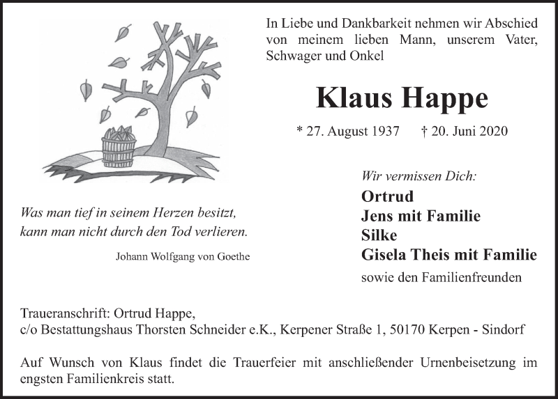  Traueranzeige für Klaus Happe vom 26.06.2020 aus  Werbepost 