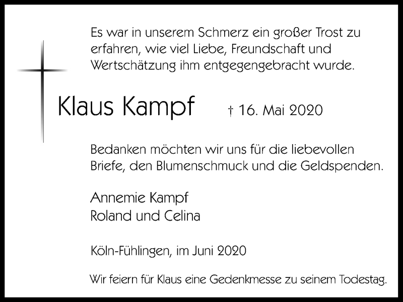  Traueranzeige für Klaus Kampf vom 20.06.2020 aus Kölner Stadt-Anzeiger / Kölnische Rundschau / Express