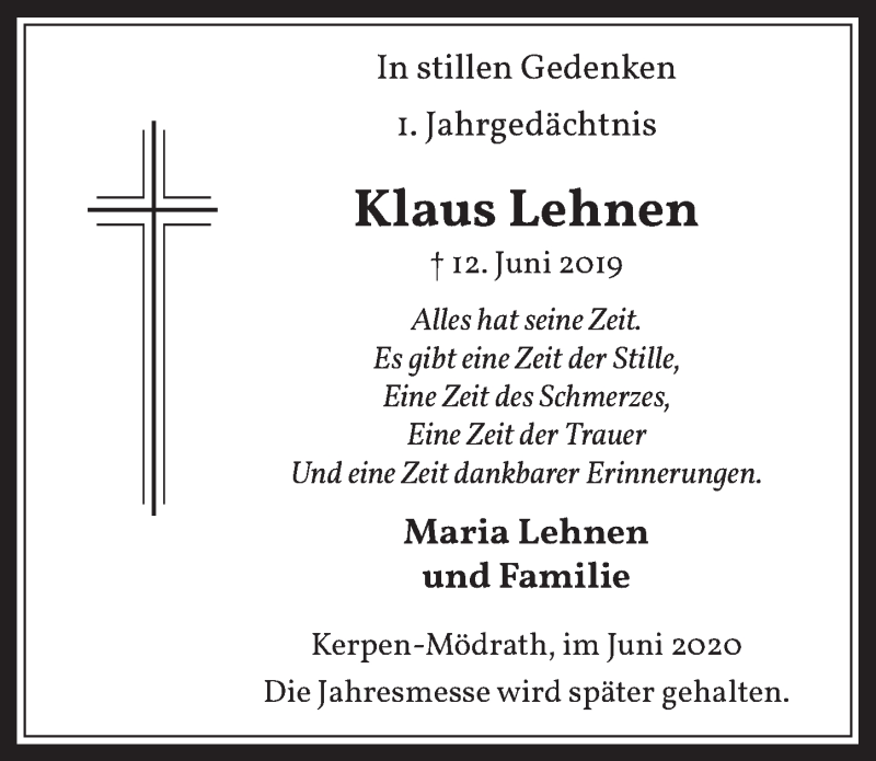 Traueranzeige für Klaus Lehnen vom 05.06.2020 aus  Werbepost 