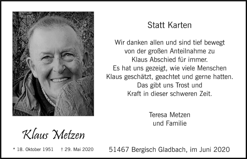  Traueranzeige für Klaus Metzen vom 19.06.2020 aus  Bergisches Handelsblatt 