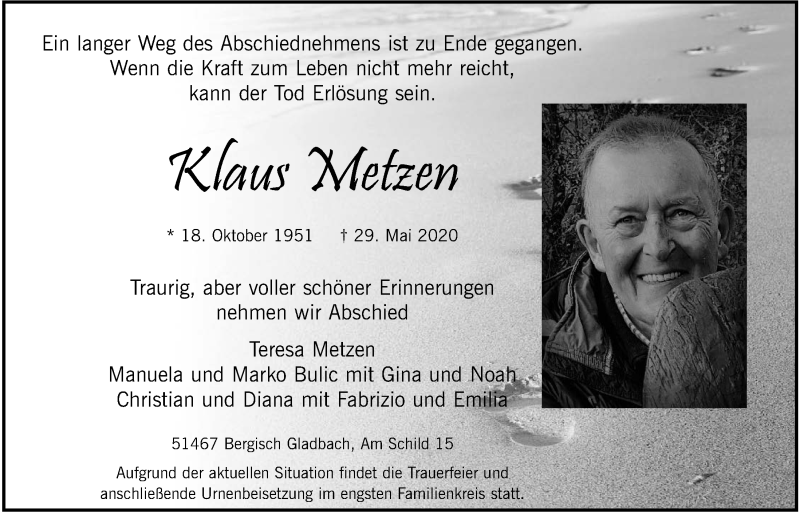 Traueranzeige für Klaus Metzen vom 05.06.2020 aus  Bergisches Handelsblatt 