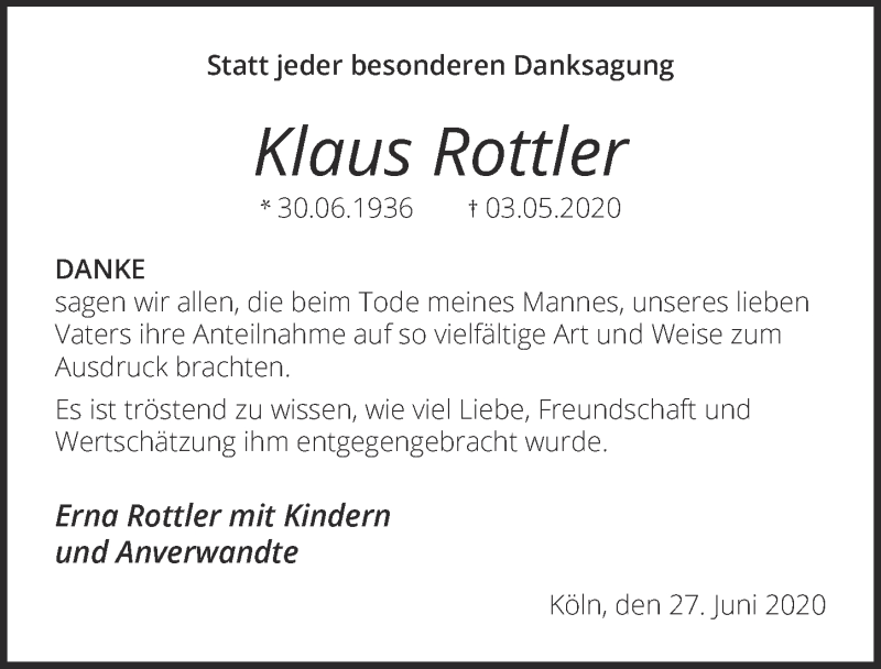  Traueranzeige für Klaus Rottler vom 26.06.2020 aus  Kölner Wochenspiegel 