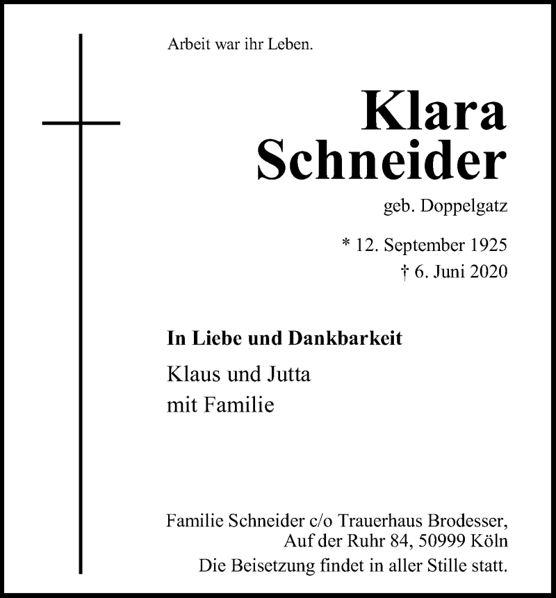  Traueranzeige für Klaus Schneider vom 13.06.2020 aus Kölner Stadt-Anzeiger / Kölnische Rundschau / Express