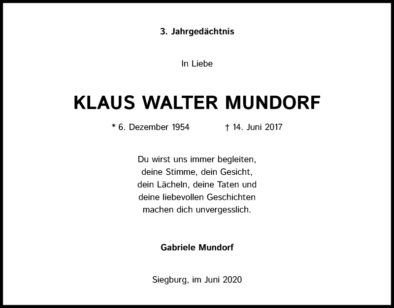  Traueranzeige für Klaus Walter Mundorf vom 13.06.2020 aus Kölner Stadt-Anzeiger / Kölnische Rundschau / Express