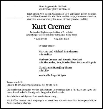 Anzeige von Kurt Cremer von Kölner Stadt-Anzeiger / Kölnische Rundschau / Express