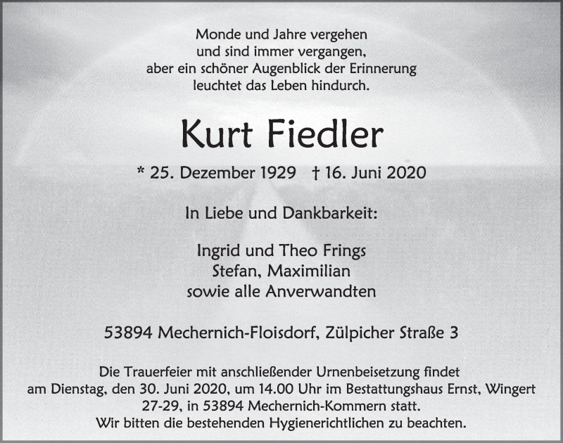  Traueranzeige für Kurt Fiedler vom 20.06.2020 aus  Blickpunkt Euskirchen 